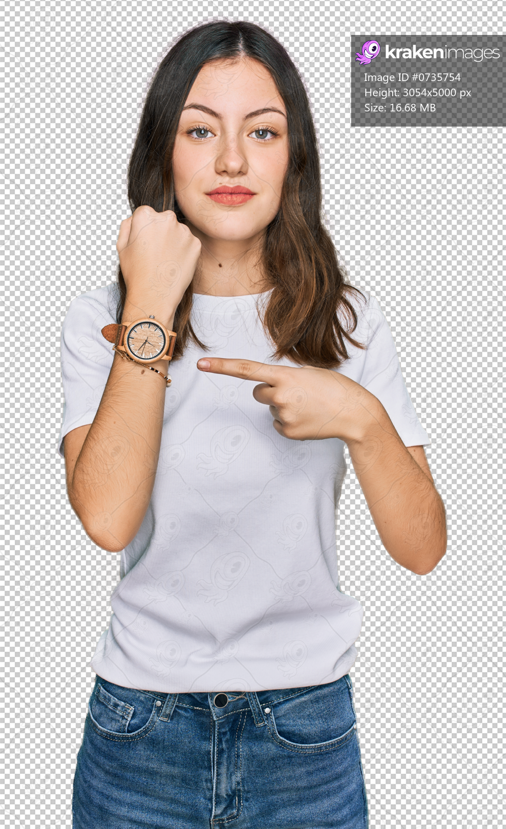 Young beautiful woman wearing casual white t shirt in hurry pointing to watch time, impatience, looking at the camera with relaxed expression