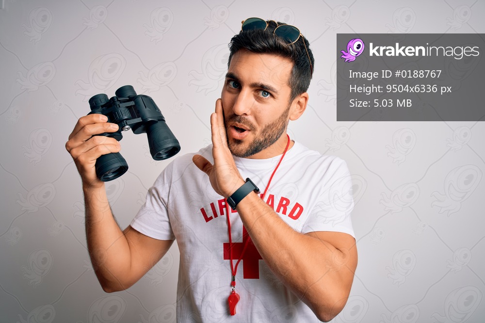 Young lifeguard man with beard wearing t-shirt with red cross and sunglasses using whistle hand on mouth telling secret rumor, whispering malicious talk conversation