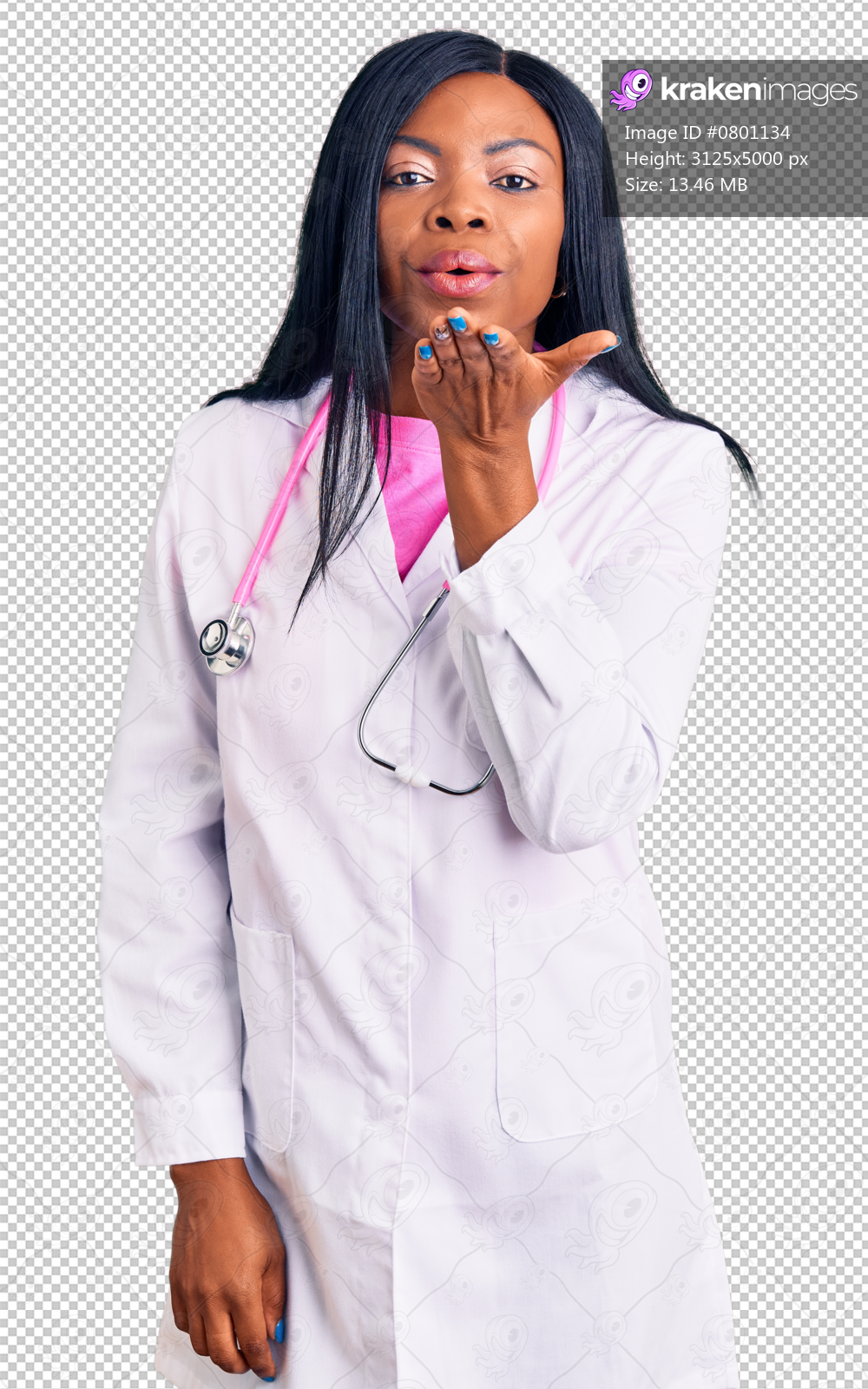 Young african american woman wearing doctor stethoscope looking at the camera blowing a kiss with hand on air being lovely and sexy. love expression.