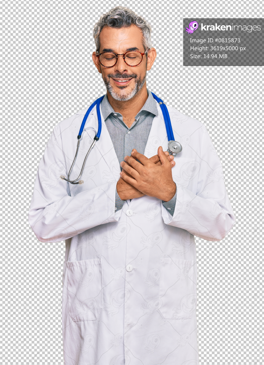 Middle age grey-haired man wearing doctor uniform and stethoscope smiling with hands on chest with closed eyes and grateful gesture on face. health concept.