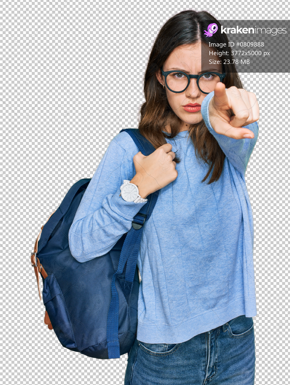 Young beautiful girl wearing student backpack pointing with finger to the camera and to you, confident gesture looking serious