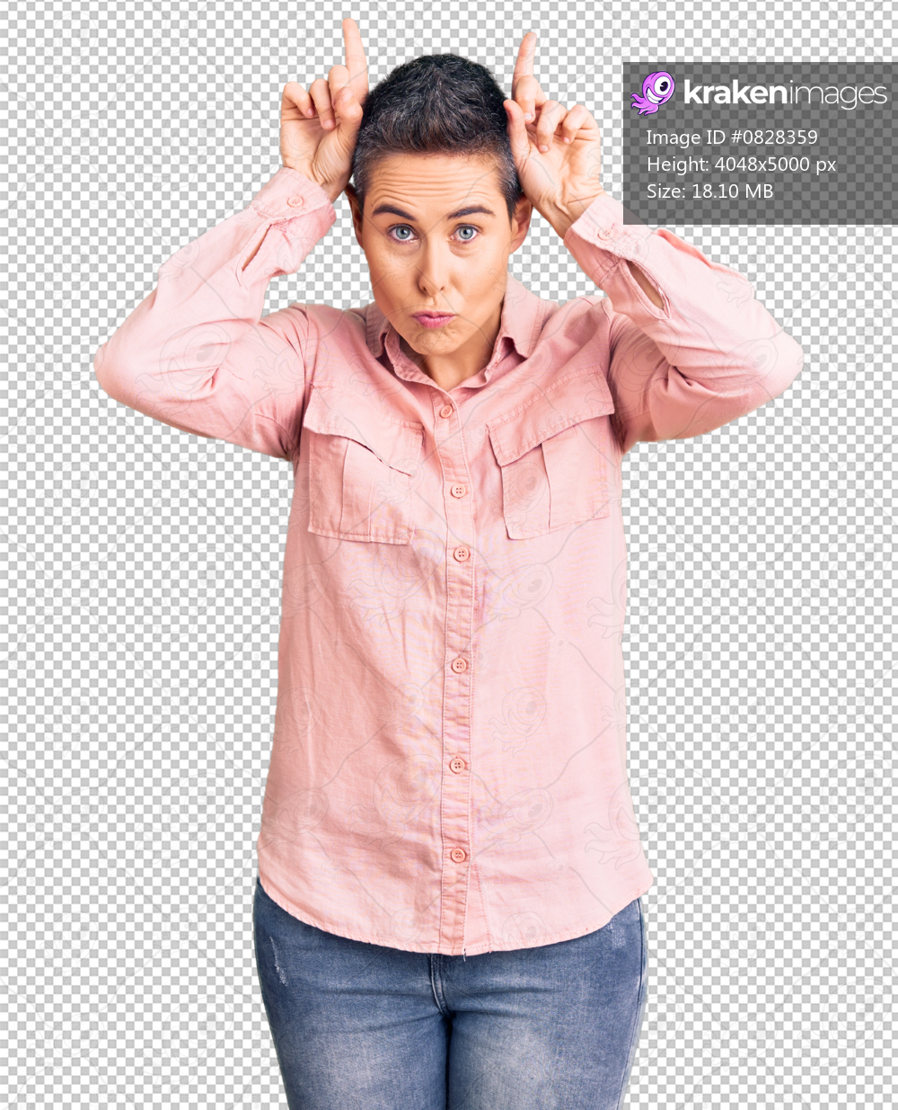 Young woman with short hair wearing casual clothes doing funny gesture with finger over head as bull horns