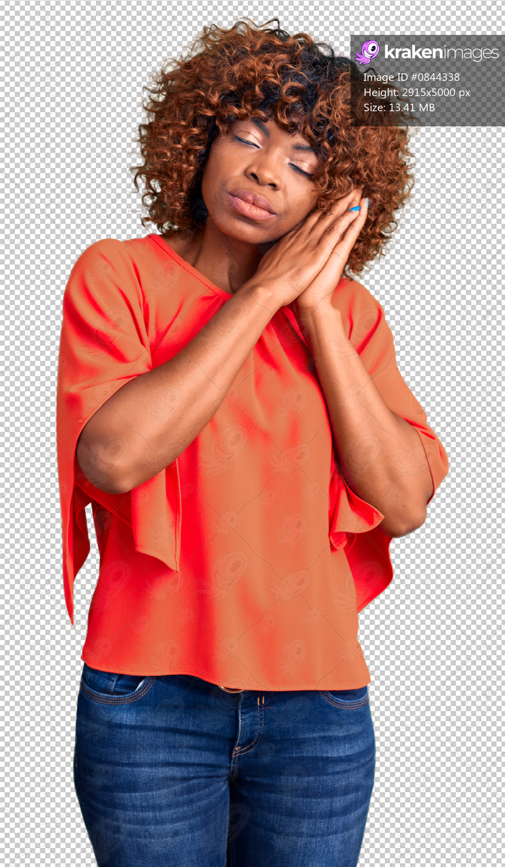 Young african american woman wearing casual clothes sleeping tired dreaming and posing with hands together while smiling with closed eyes.