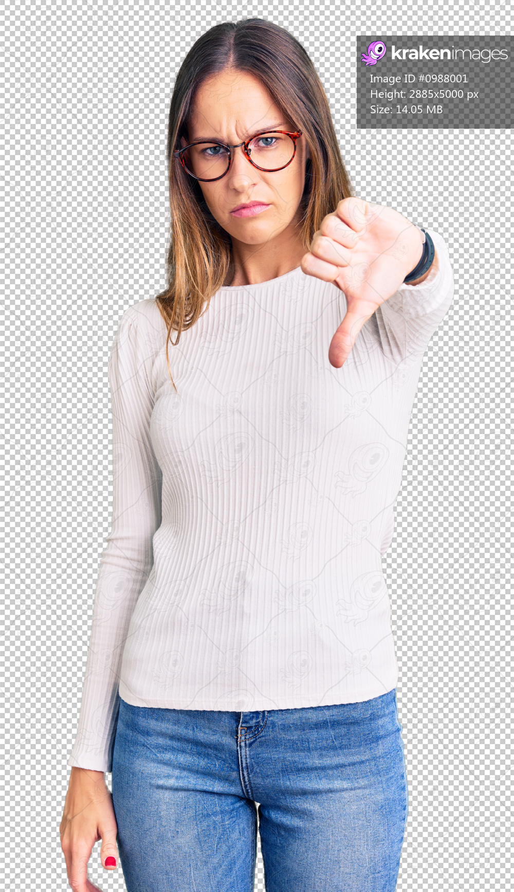 Beautiful brunette young woman wearing casual white sweater and glasses looking unhappy and angry showing rejection and negative with thumbs down gesture. bad expression.