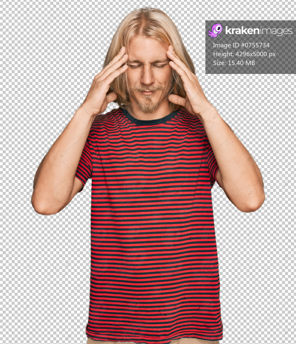 Caucasian man with blond long hair wearing casual striped t shirt with hand on head for pain in head because stress. suffering migraine.