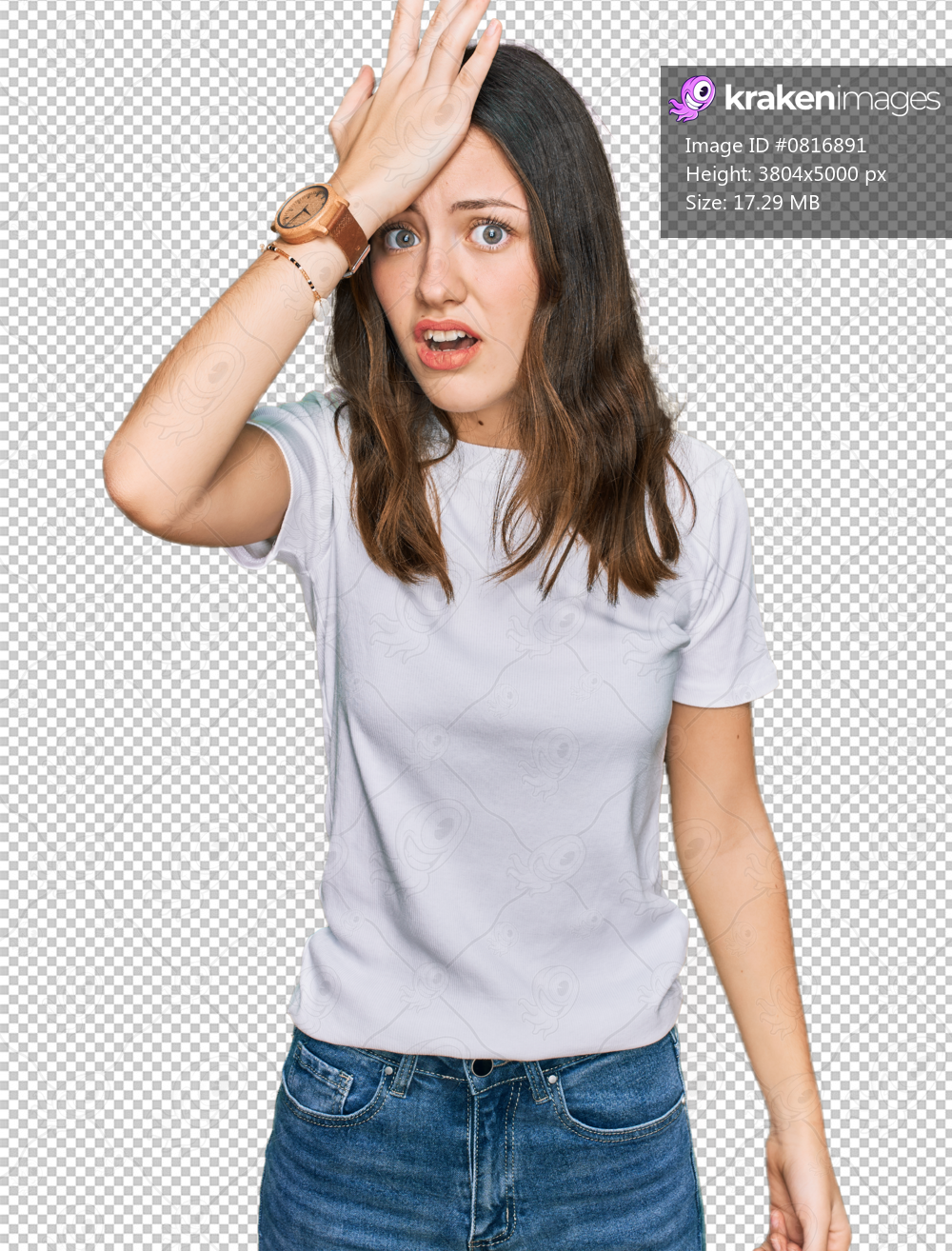 Young beautiful woman wearing casual white t shirt surprised with hand on head for mistake, remember error. forgot, bad memory concept.