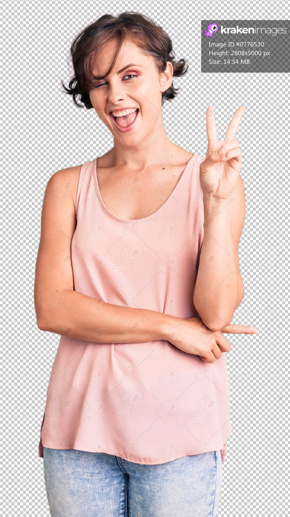 Beautiful young woman with short hair wearing casual style with sleeveless shirt smiling with happy face winking at the camera doing victory sign. number two.