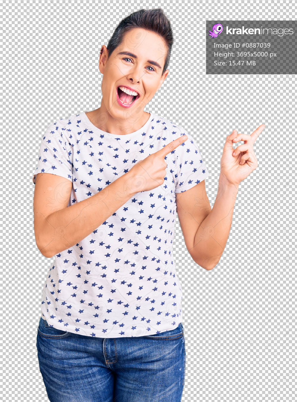 Young woman with short hair wearing casual clothes smiling and looking at the camera pointing with two hands and fingers to the side.