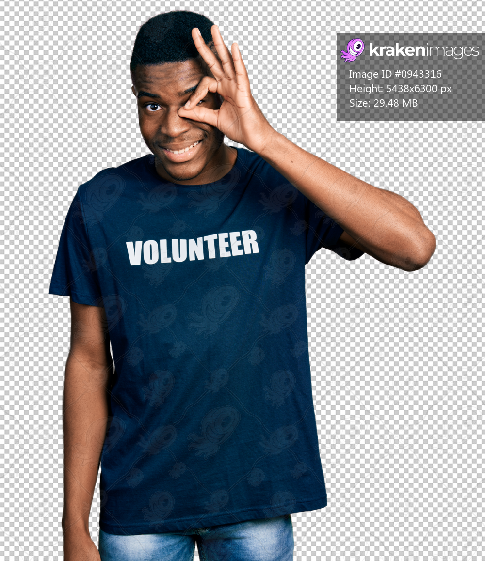 Young african american man wearing volunteer t shirt doing ok gesture with hand smiling, eye looking through fingers with happy face.