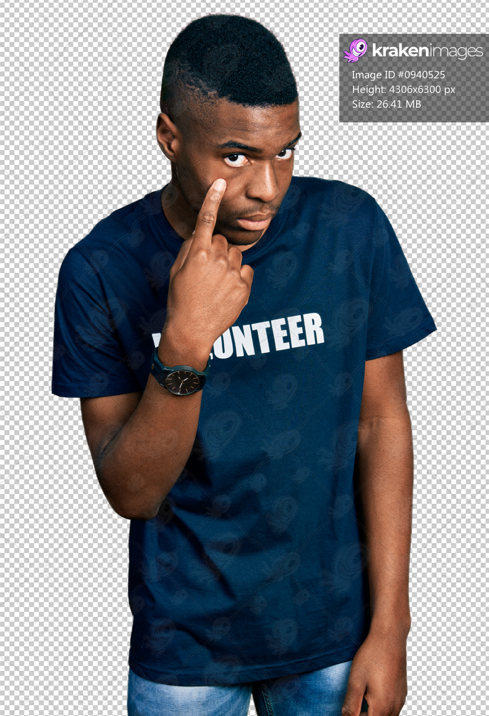 Young african american man wearing volunteer t shirt pointing to the eye watching you gesture, suspicious expression