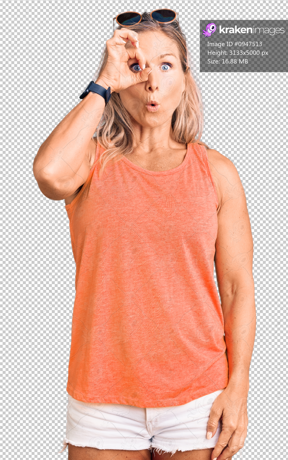 Middle age fit blonde woman wearing casual summer clothes and sunglasses doing ok gesture shocked with surprised face, eye looking through fingers. unbelieving expression.