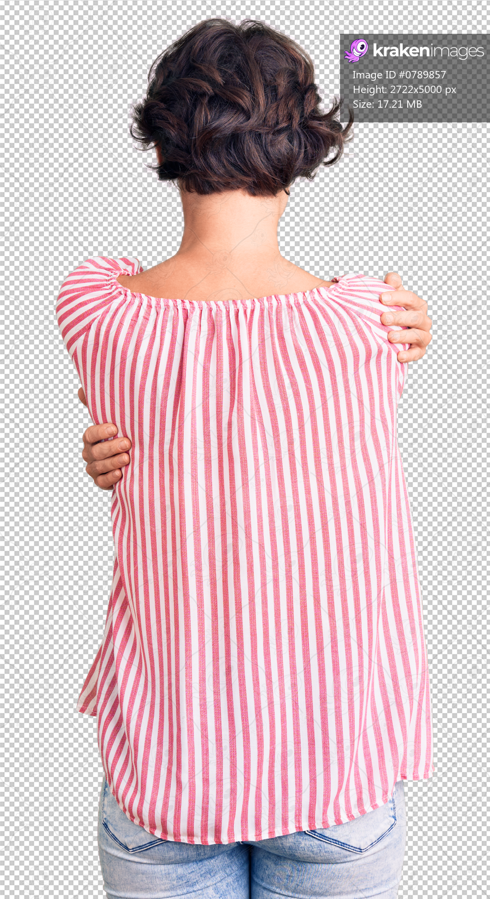 Beautiful young woman with short hair wearing casual summer clothes hugging oneself happy and positive from backwards. self love and self care
