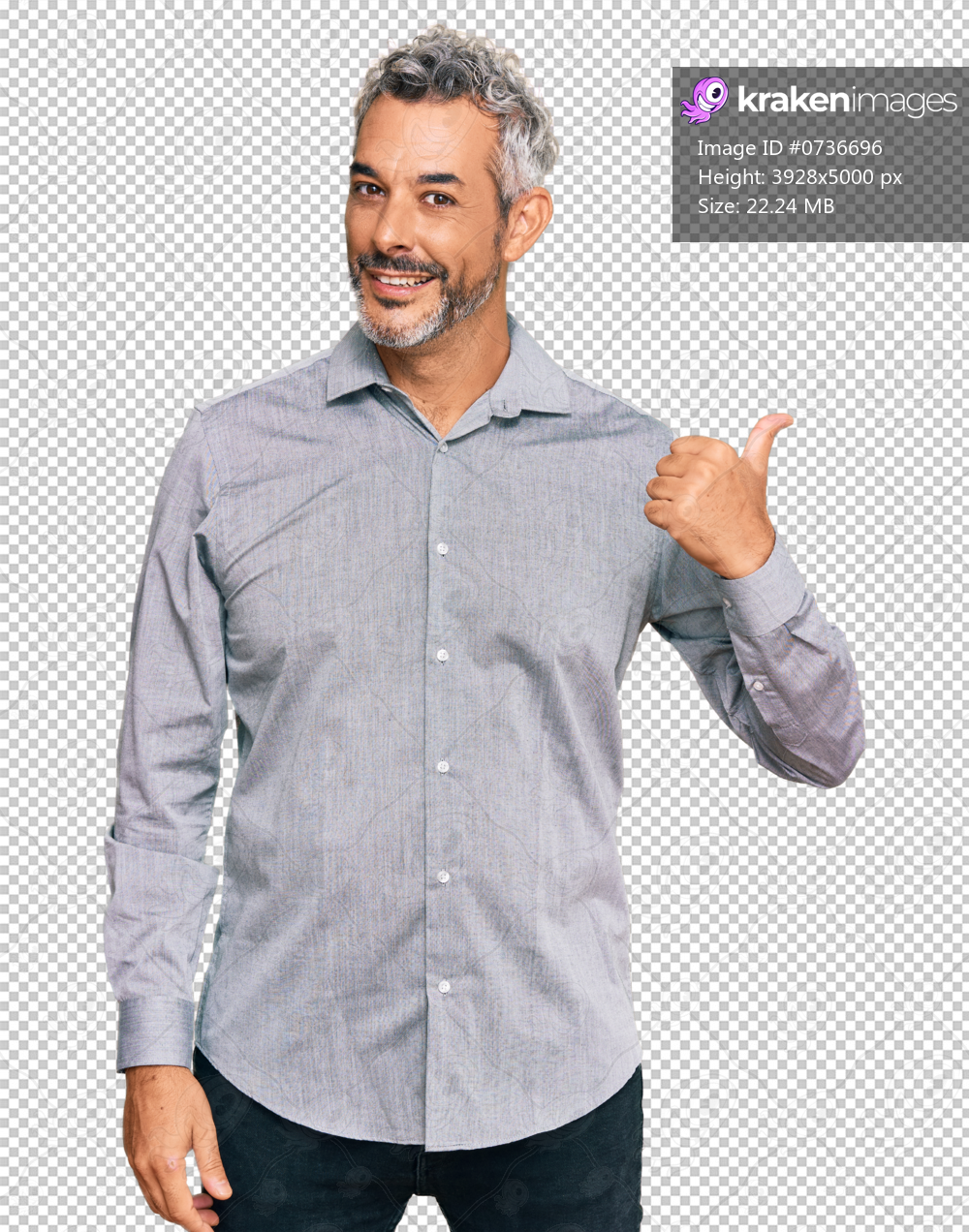 Middle age grey-haired man wearing casual clothes smiling with happy face looking and pointing to the side with thumb up.