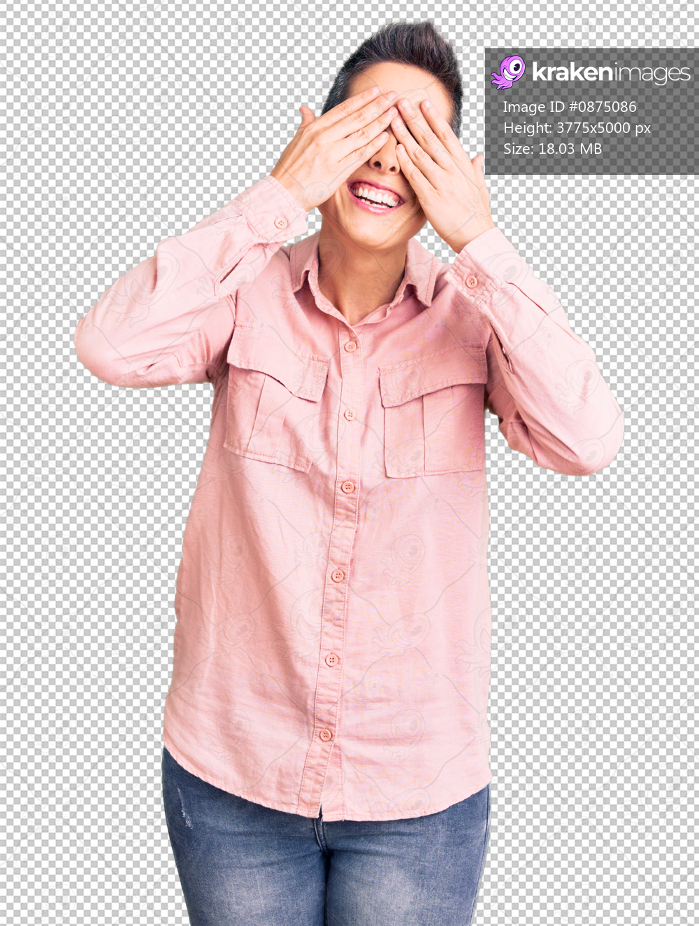 Young woman with short hair wearing casual clothes covering eyes with hands smiling cheerful and funny. blind concept.