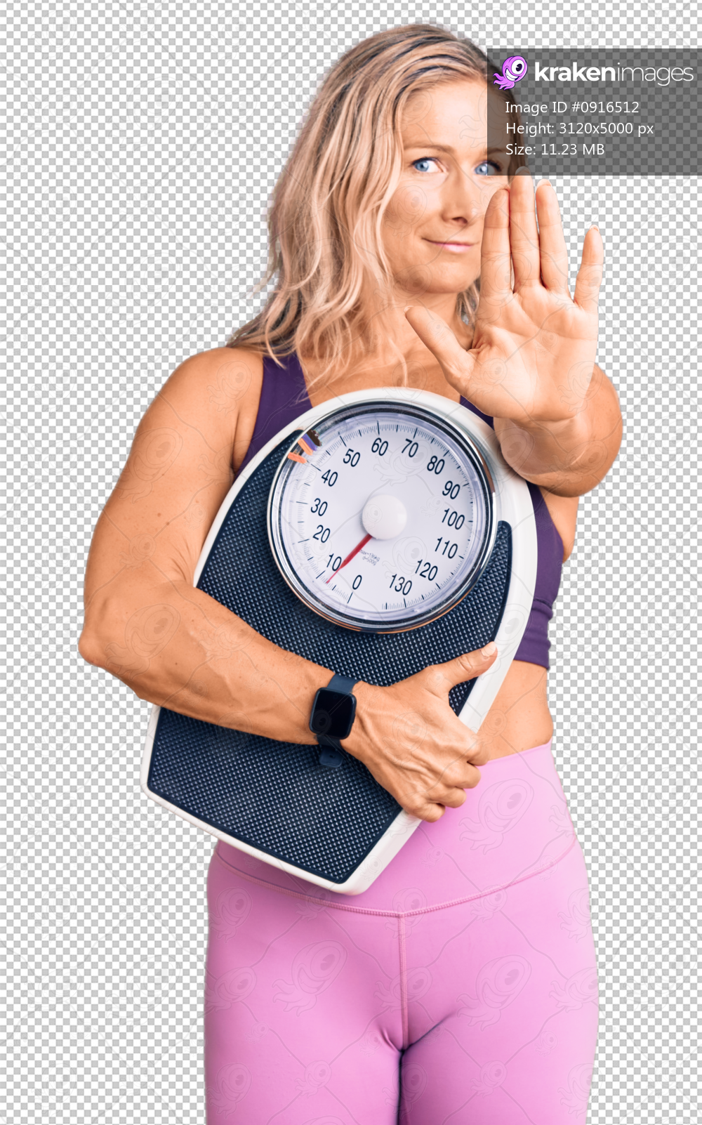 Middle age fit blonde woman wearing sports clothes holding weighing machine with open hand doing stop sign with serious and confident expression, defense gesture