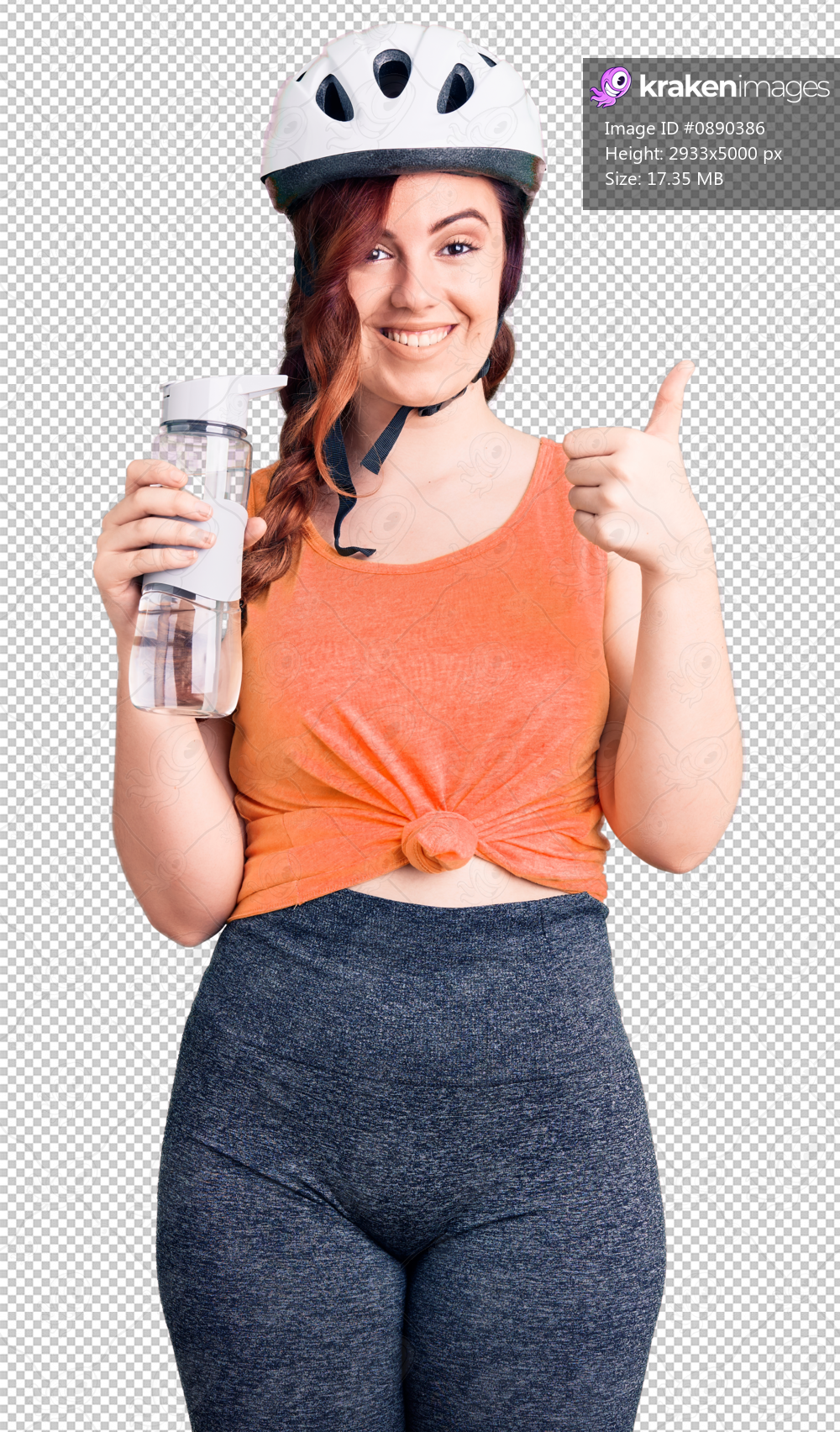 Young beautiful woman wearing bike helmet and holding water bottle smiling happy and positive, thumb up doing excellent and approval sign