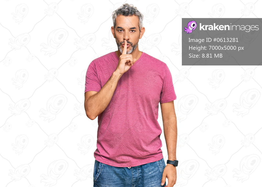 Middle age grey-haired man wearing casual clothes asking to be quiet with finger on lips. silence and secret concept. 