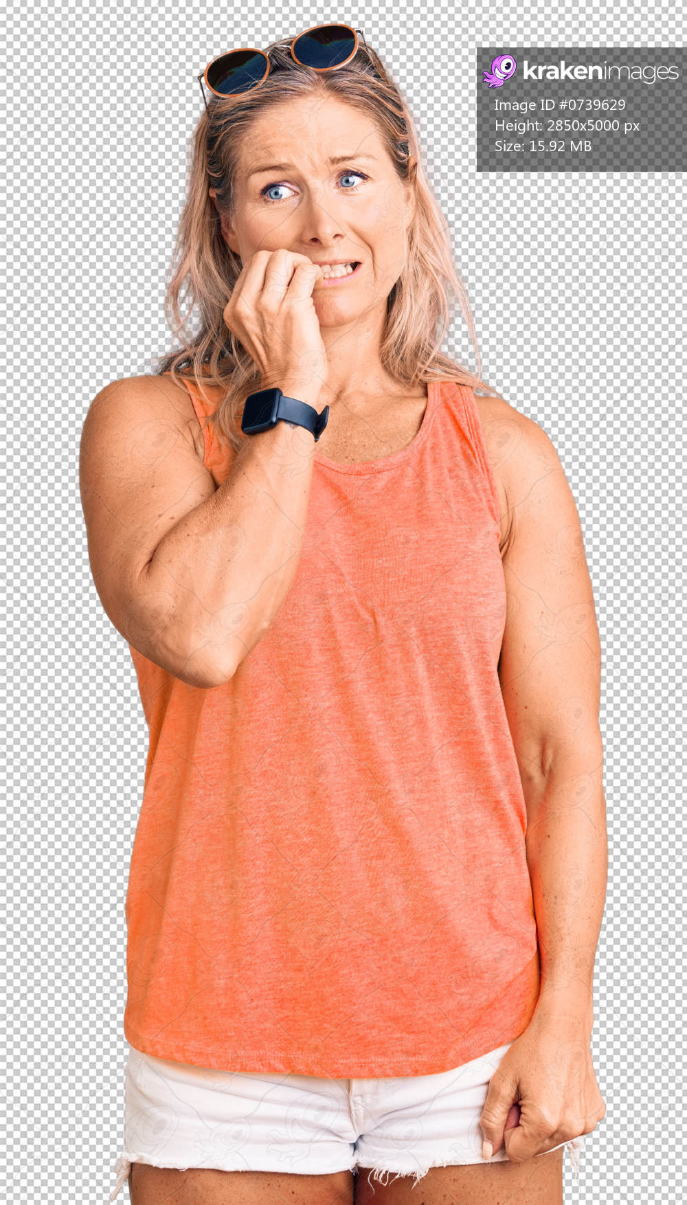 Middle age fit blonde woman wearing casual summer clothes and sunglasses looking stressed and nervous with hands on mouth biting nails. anxiety problem.