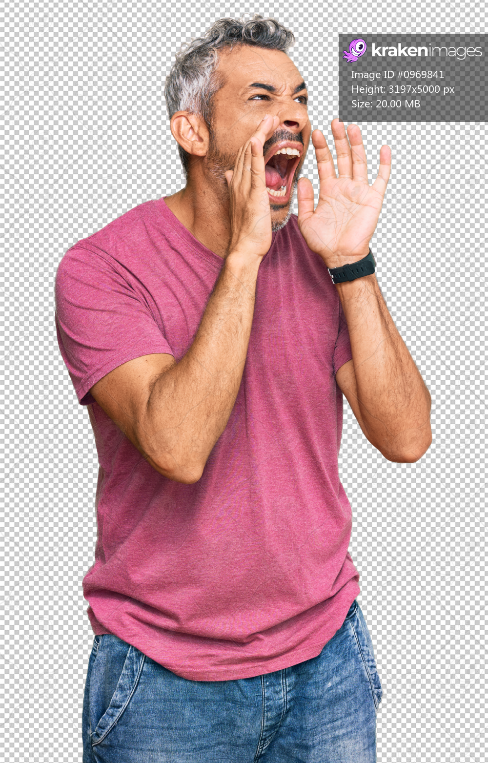 Middle age grey-haired man wearing casual clothes shouting angry out loud with hands over mouth