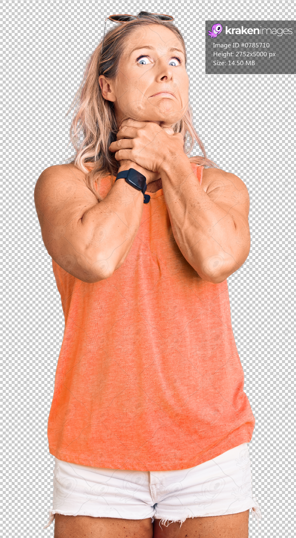 Middle age fit blonde woman wearing casual summer clothes and sunglasses shouting suffocate because painful strangle. health problem. asphyxiate and suicide concept.