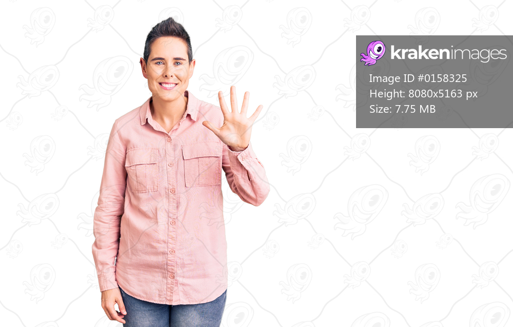 Young woman with short hair wearing casual clothes showing and pointing up with fingers number five while smiling confident and happy. 