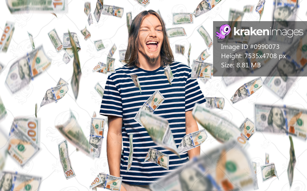 Handsome caucasian man with long hair wearing casual striped t-shirt winking looking at the camera with sexy expression, cheerful and happy face.
