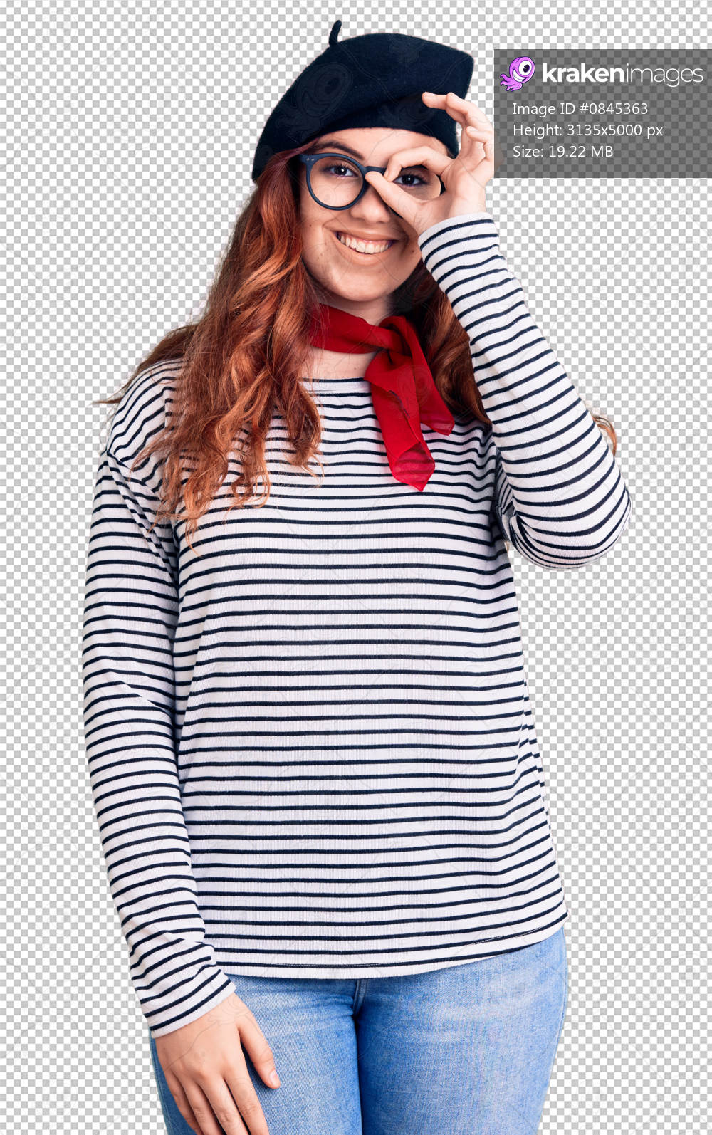 Young beautiful woman wearing french look with beret smiling happy doing ok sign with hand on eye looking through fingers