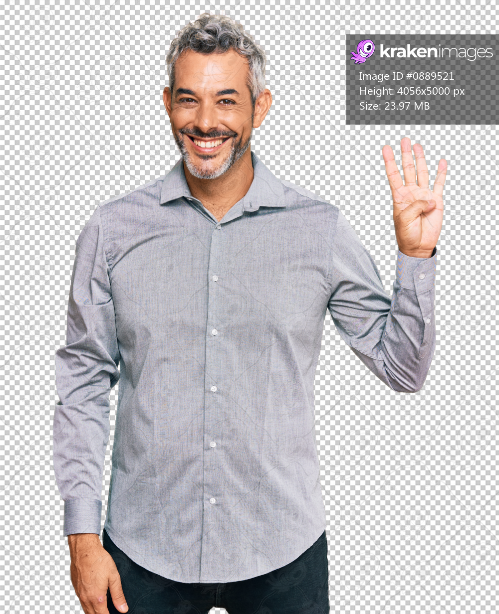 Middle age grey-haired man wearing casual clothes showing and pointing up with fingers number four while smiling confident and happy.