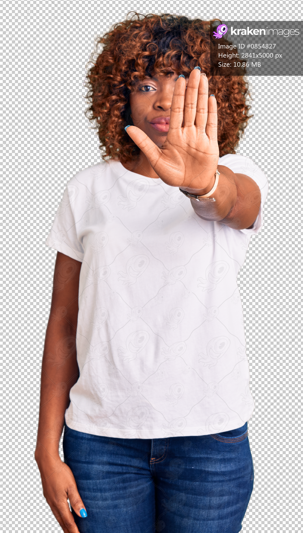 Young african american woman wearing casual white tshirt doing stop sing with palm of the hand. warning expression with negative and serious gesture on the face.