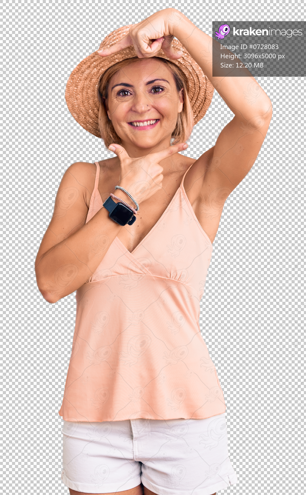 Young blonde woman wearing summer hat smiling making frame with hands and fingers with happy face. creativity and photography concept.