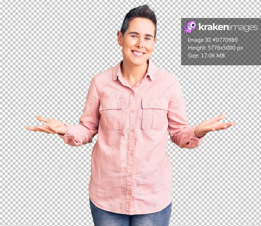 Young woman with short hair wearing casual clothes smiling showing both hands open palms, presenting and advertising comparison and balance
