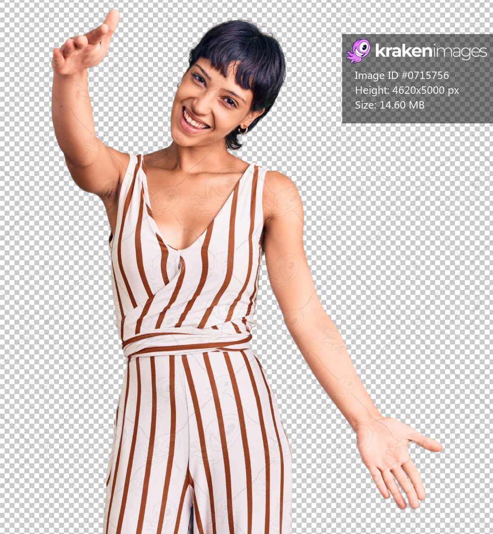 Young brunette woman with short hair wearing summer outfit looking at the camera smiling with open arms for hug. cheerful expression embracing happiness.