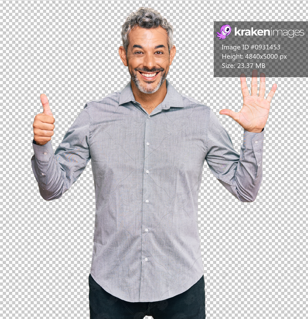 Middle age grey-haired man wearing casual clothes showing and pointing up with fingers number six while smiling confident and happy.