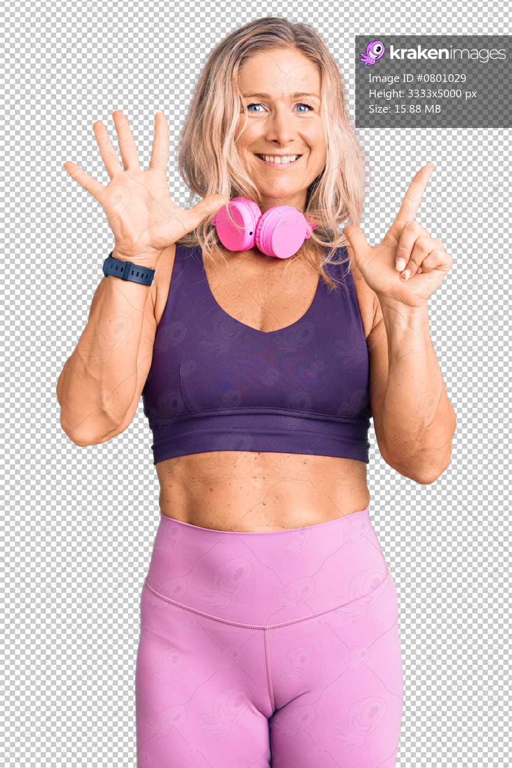 Middle age fit blonde woman wearing gym clothes and using headphones showing and pointing up with fingers number seven while smiling confident and happy.