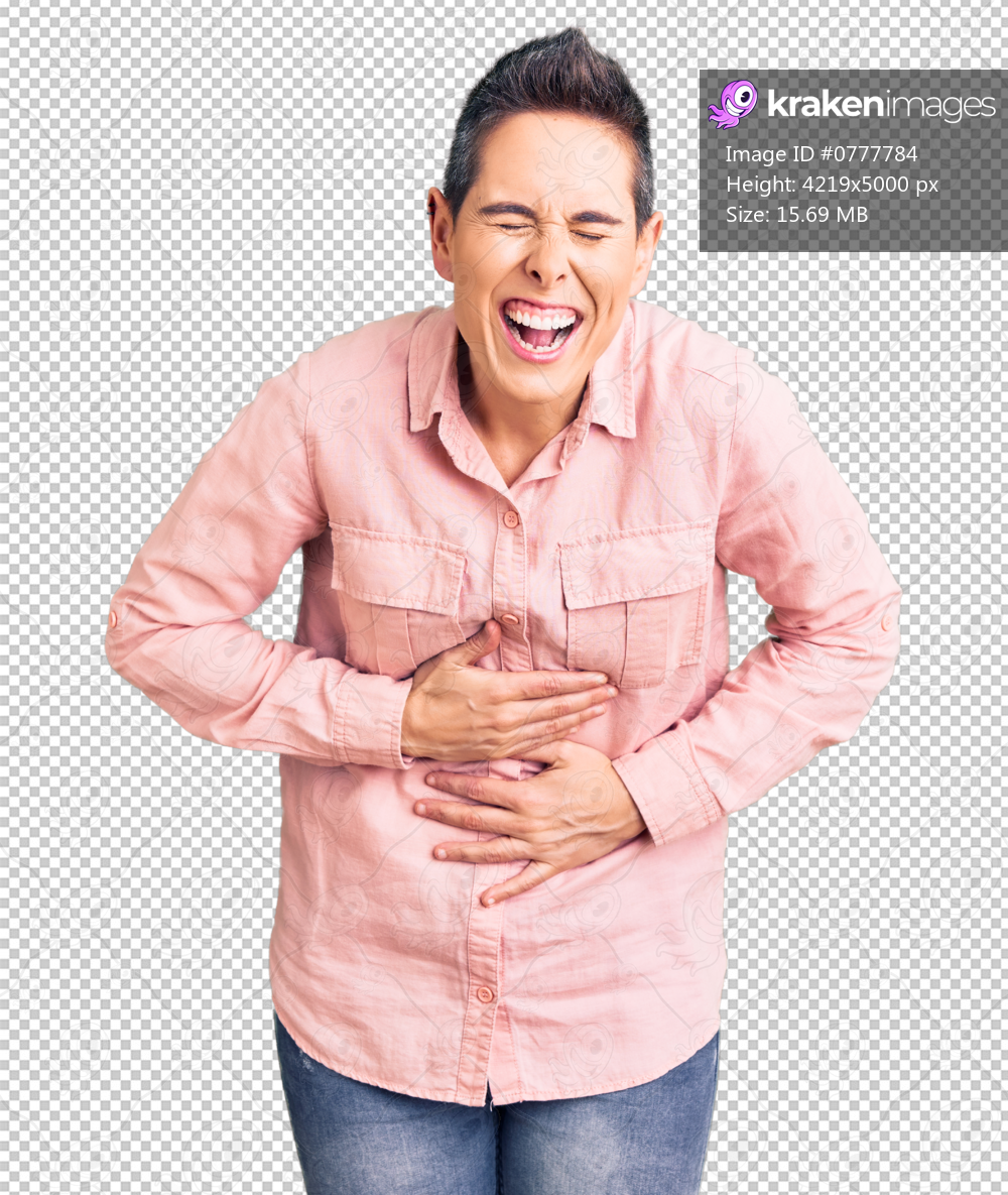 Young woman with short hair wearing casual clothes smiling and laughing hard out loud because funny crazy joke with hands on body.