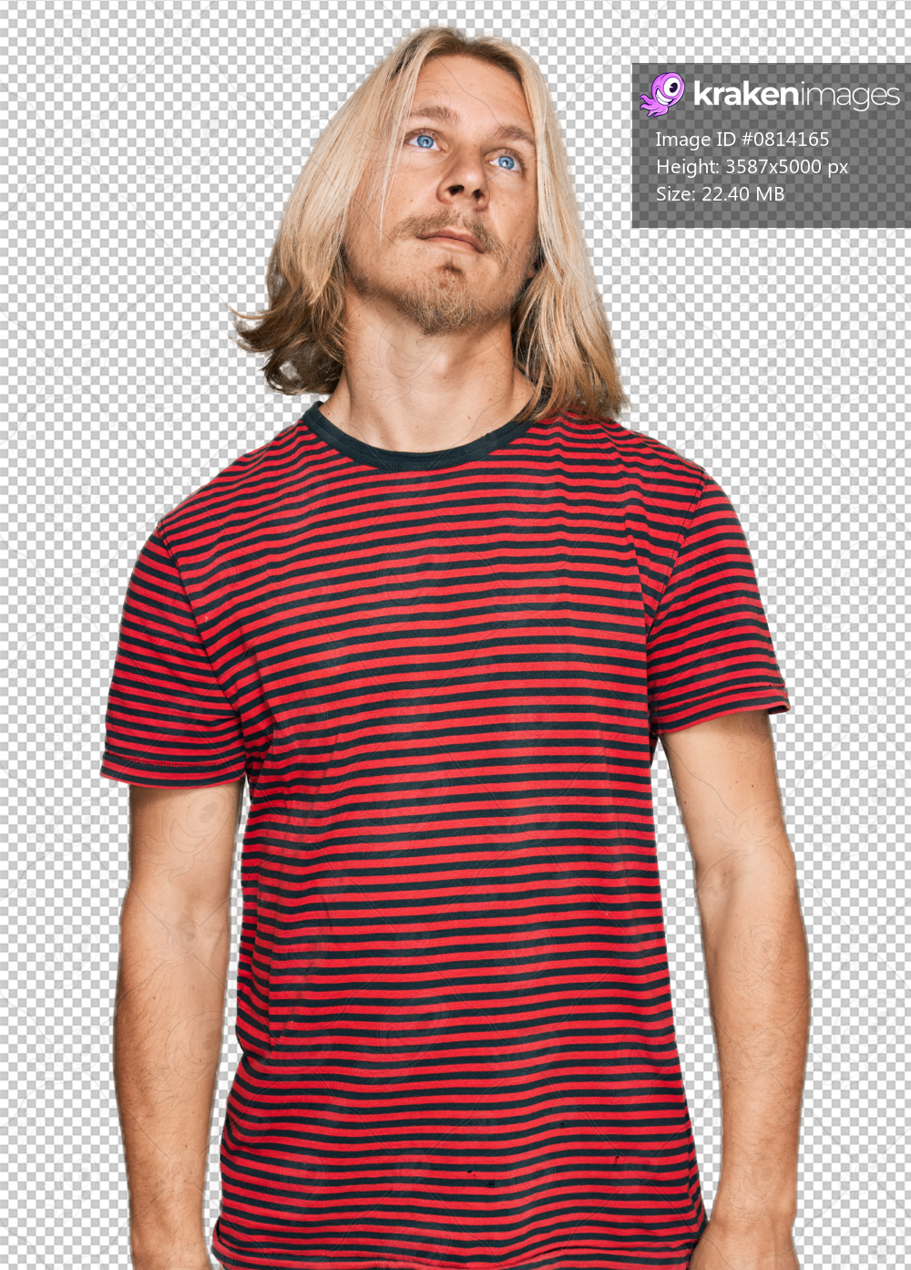 Caucasian man with blond long hair wearing casual striped t shirt relaxed with serious expression on face. simple and natural looking at the camera.