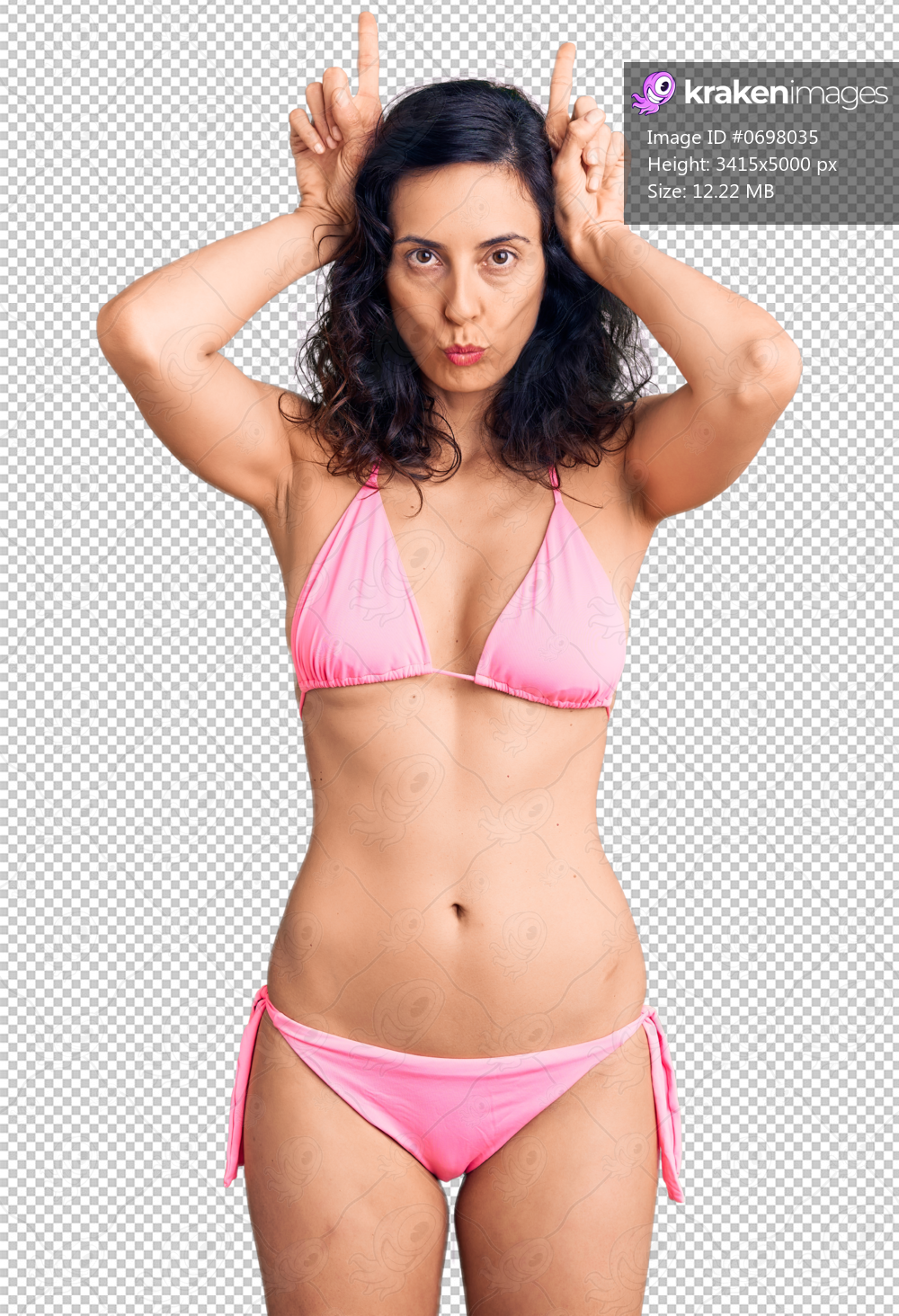 Young beautiful hispanic woman wearing bikini doing funny gesture with finger over head as bull horns