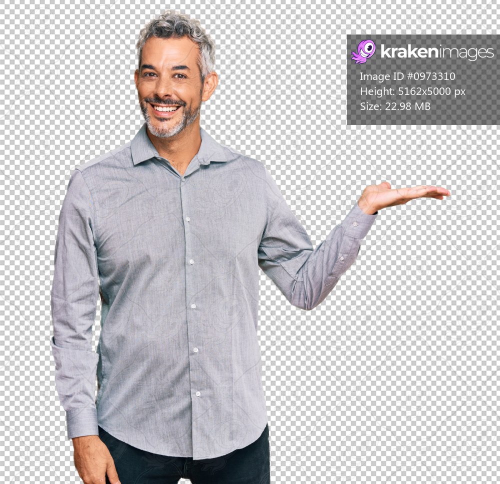 Middle age grey-haired man wearing casual clothes smiling cheerful presenting and pointing with palm of hand looking at the camera.