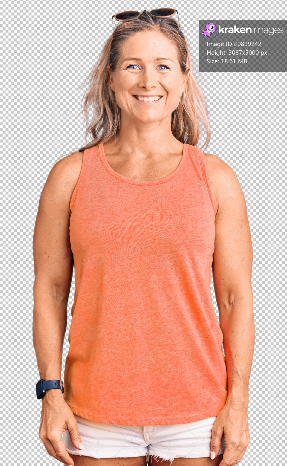 Middle age fit blonde woman wearing casual summer clothes and sunglasses with a happy and cool smile on face. lucky person.