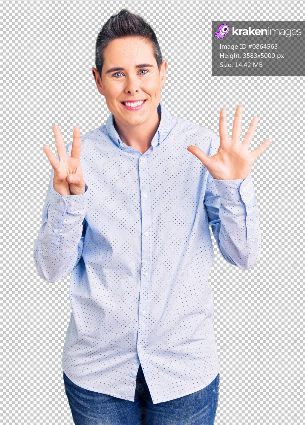 Young woman with short hair wearing business clothes showing and pointing up with fingers number eight while smiling confident and happy.