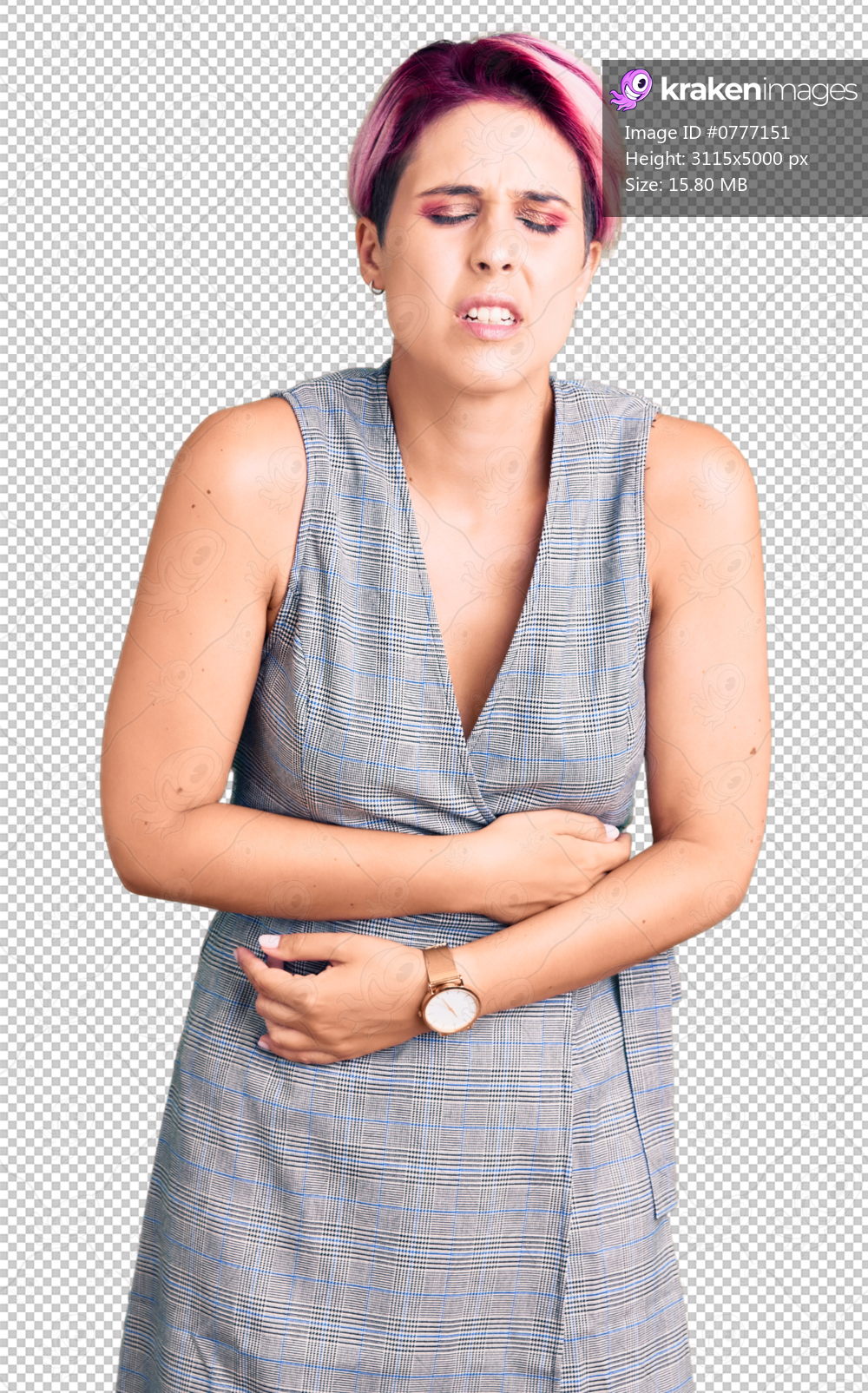 Young beautiful woman with pink hair wearing casual clothes with hand on stomach because indigestion, painful illness feeling unwell. ache concept.