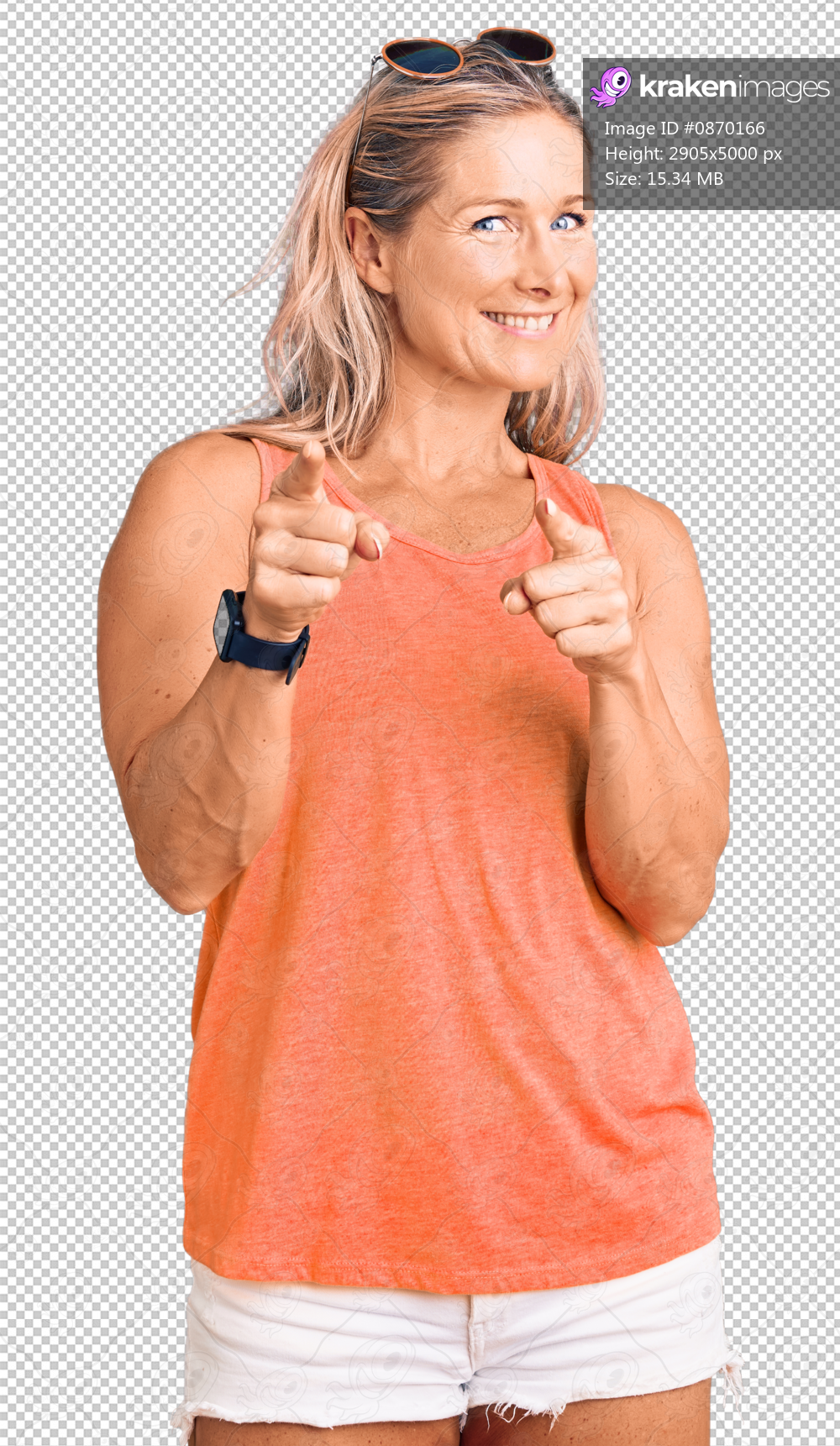Middle age fit blonde woman wearing casual summer clothes and sunglasses pointing fingers to camera with happy and funny face. good energy and vibes.
