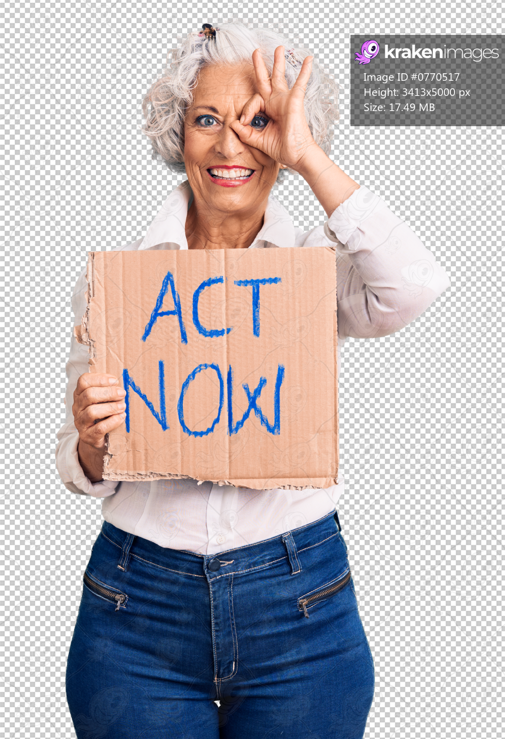 Senior grey-haired woman holding act now banner smiling happy doing ok sign with hand on eye looking through fingers