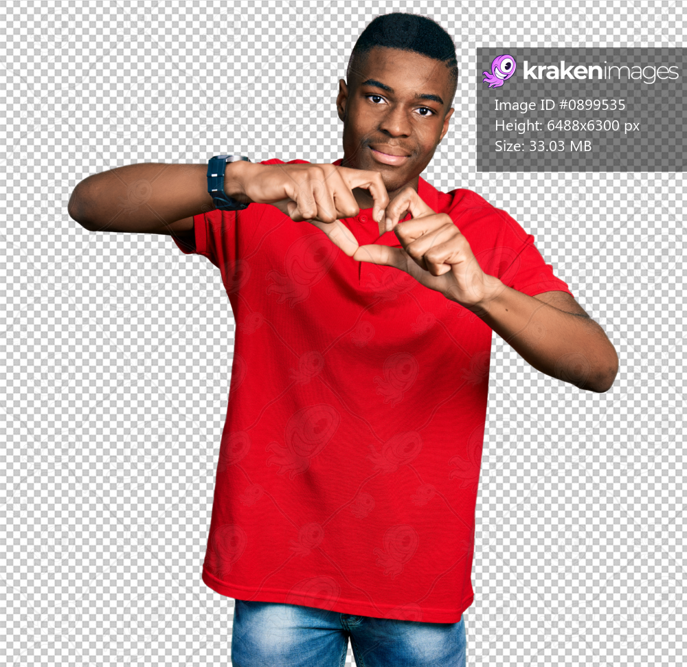 Young african american man wearing casual red t shirt smiling in love doing heart symbol shape with hands. romantic concept.