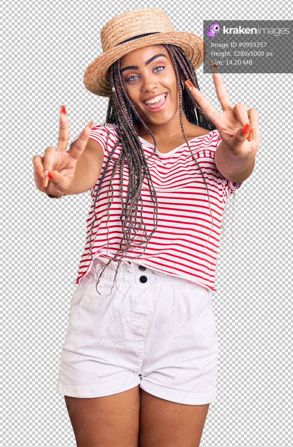 Young african american woman with braids wearing summer hat smiling with tongue out showing fingers of both hands doing victory sign. number two.