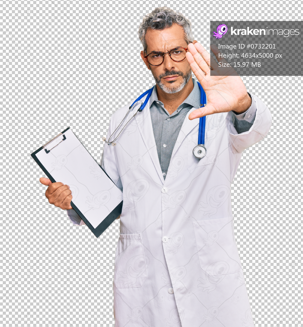 Middle age grey-haired man wearing doctor stethoscope holding clipboard with open hand doing stop sign with serious and confident expression, defense gesture