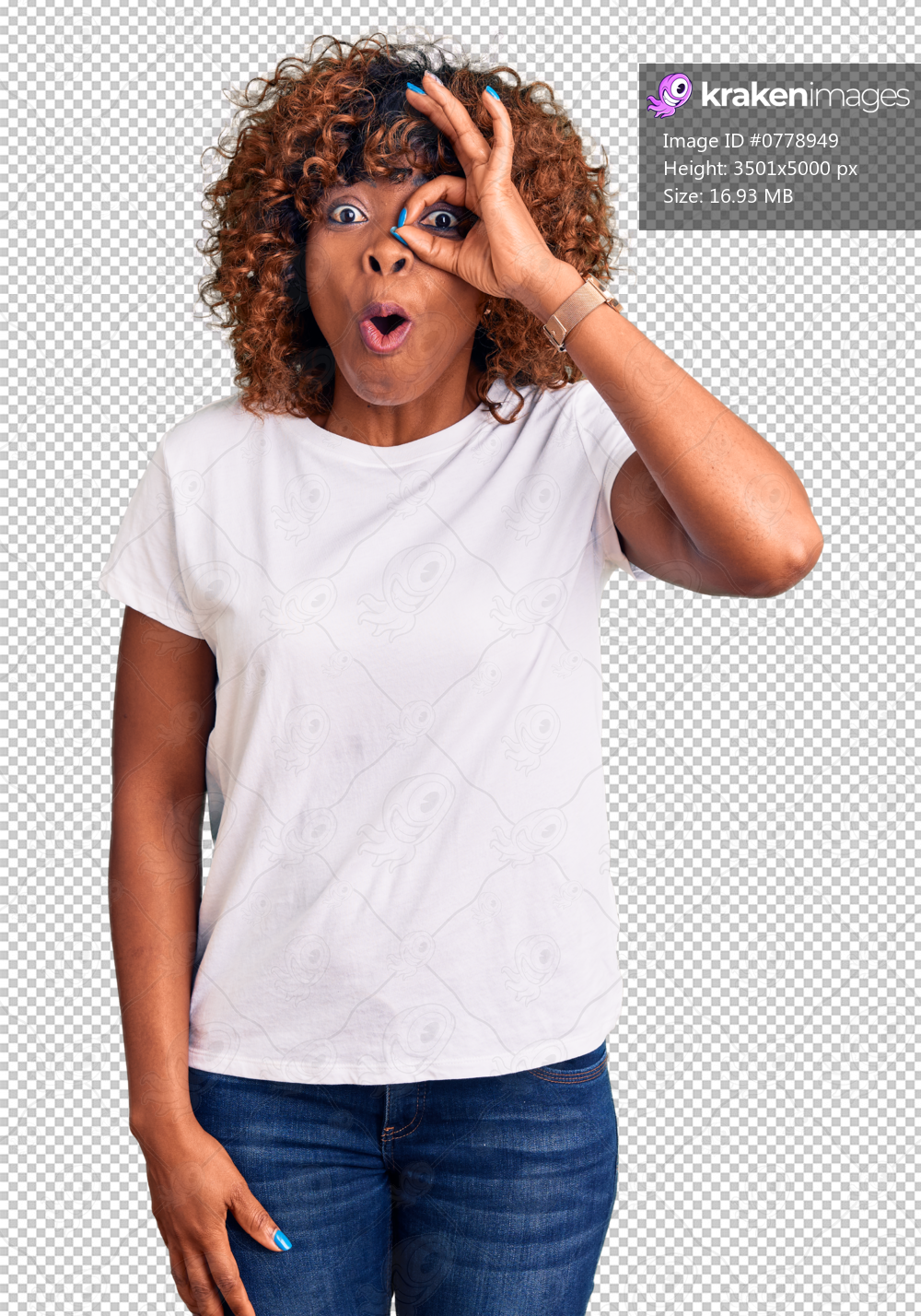 Young african american woman wearing casual white tshirt doing ok gesture shocked with surprised face, eye looking through fingers. unbelieving expression.