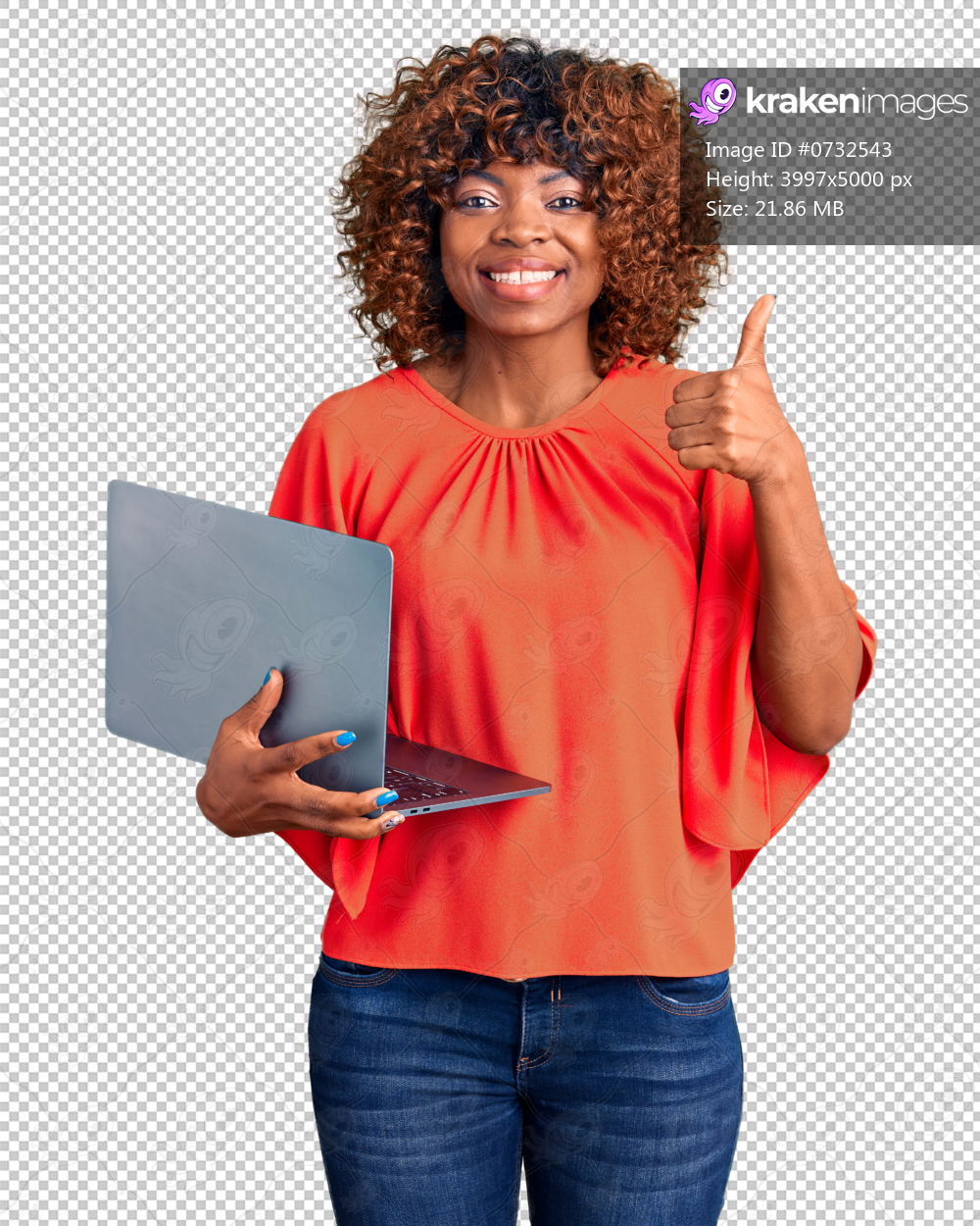 Young african american woman working using computer laptop smiling happy and positive, thumb up doing excellent and approval sign