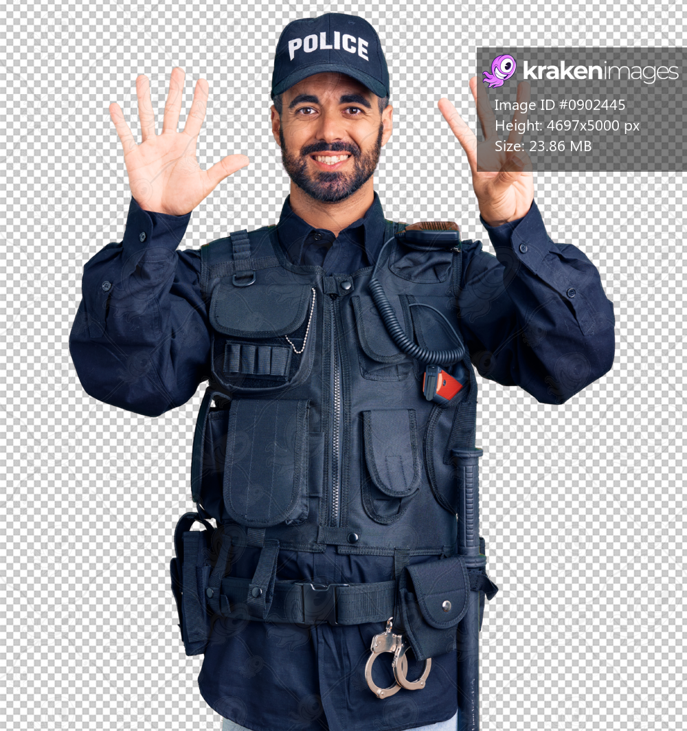 Young hispanic man wearing police uniform showing and pointing up with fingers number eight while smiling confident and happy.