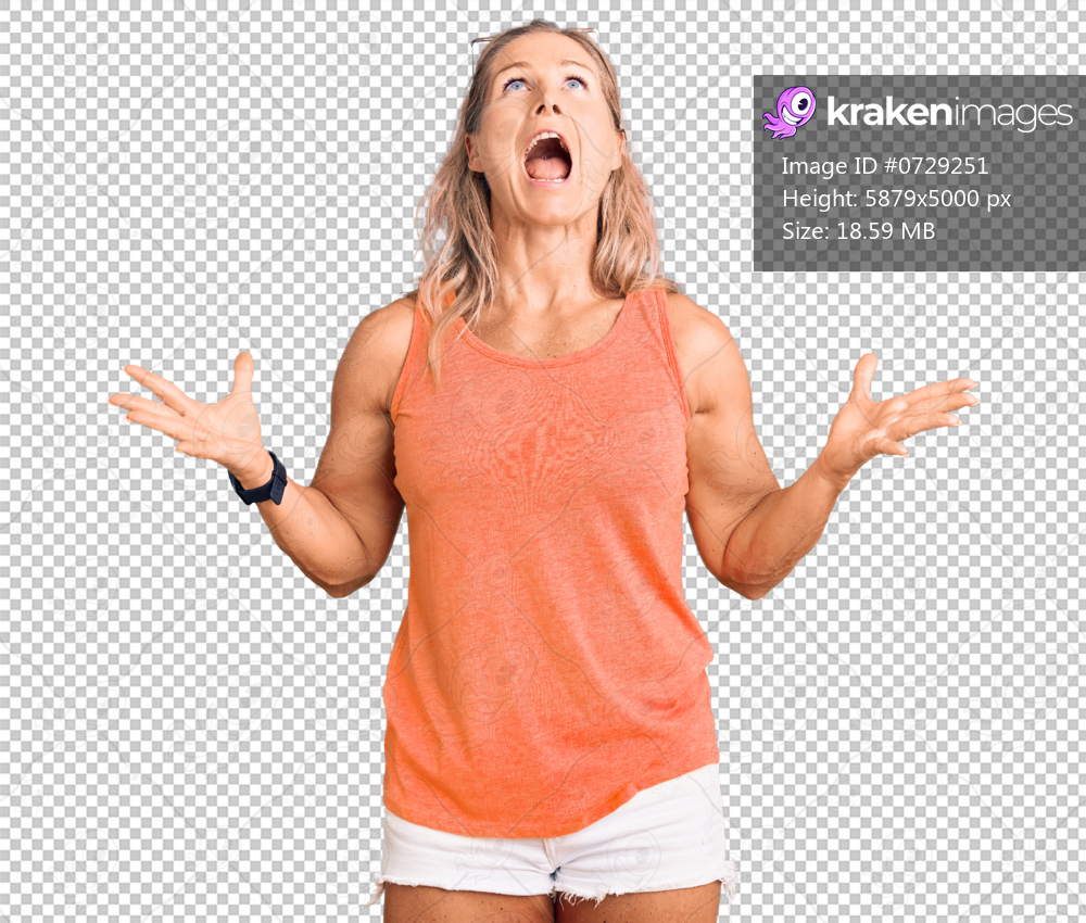 Middle age fit blonde woman wearing casual summer clothes and sunglasses crazy and mad shouting and yelling with aggressive expression and arms raised. frustration concept.
